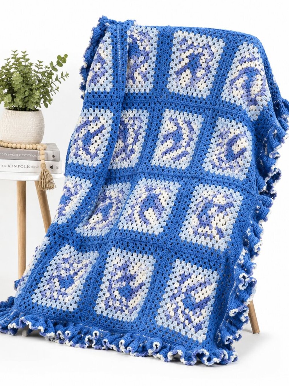 Hand Crochet Blue Granny Square Afghan Blanket Ruffled Edge Cottagecore Throw